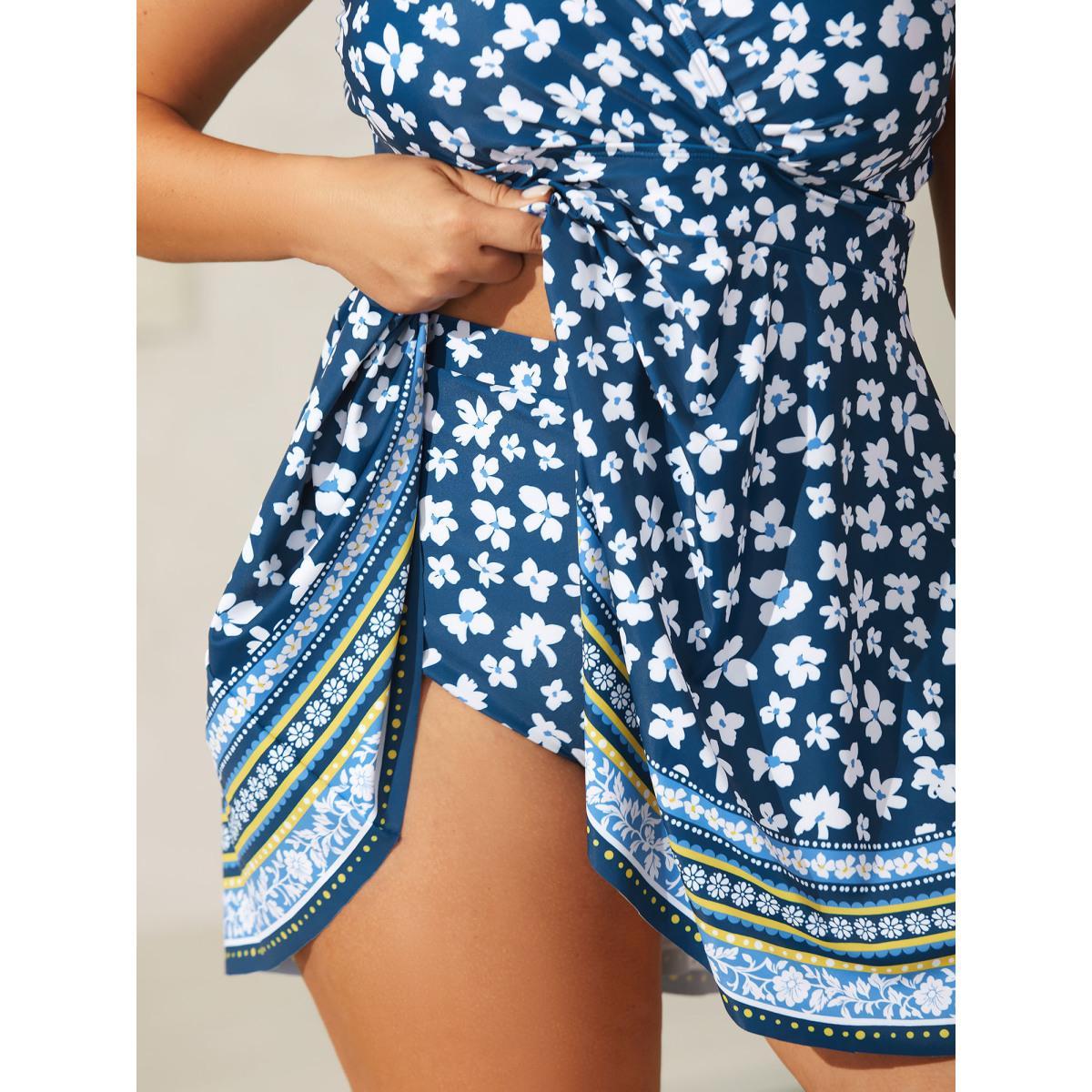 Plus Size Floral Print Contrast Swim Dress Women's Swimwear Indigo Beach Bodycon Overlap Collar High stretch Curve Swim Dresses BloomChic 26/4X Product Image