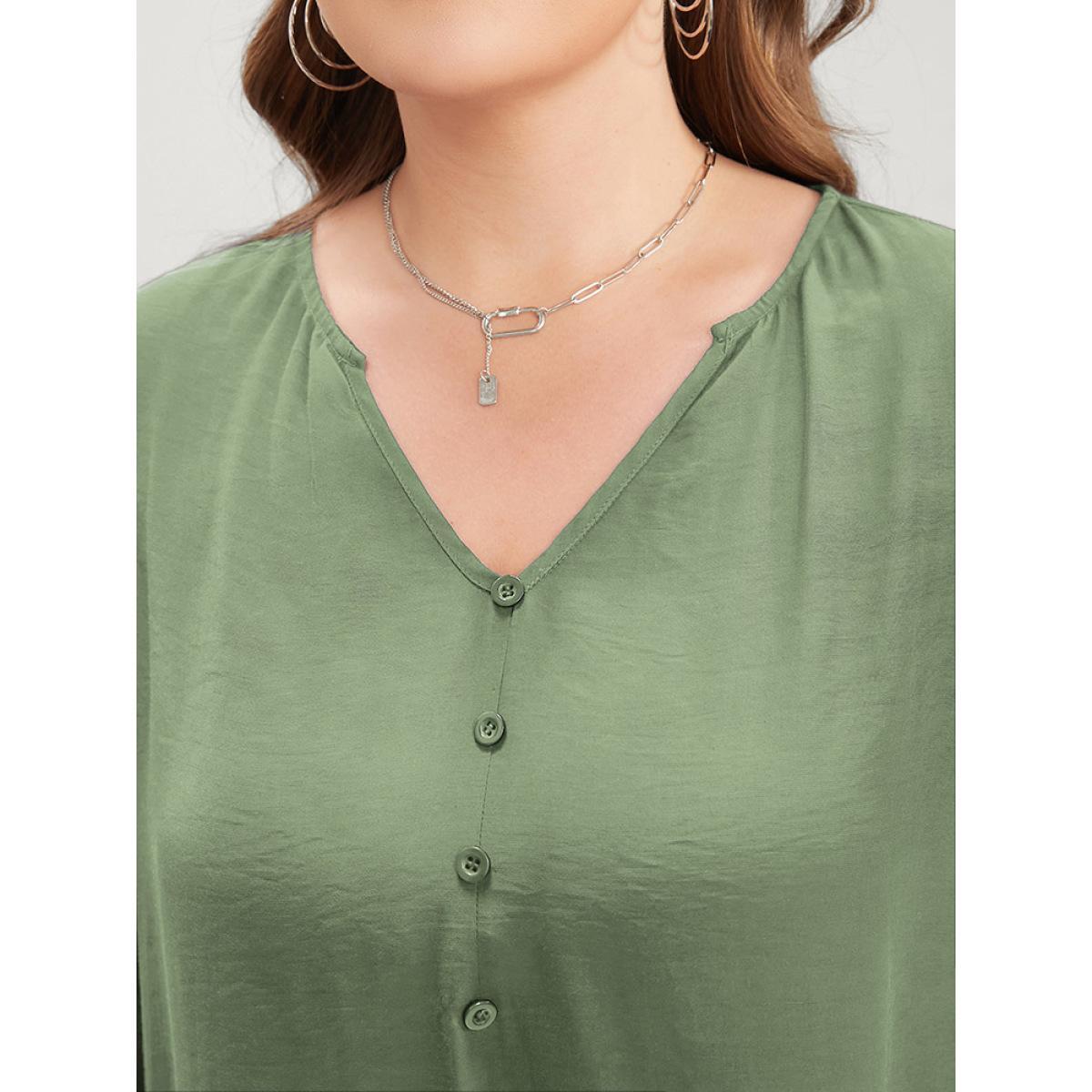 Plus Size Mint Plain V Neck Button Detail Cuffed Sleeve Blouse Women Office Elbow-length sleeve V-neck Work Blouses BloomChic 28/5X Product Image