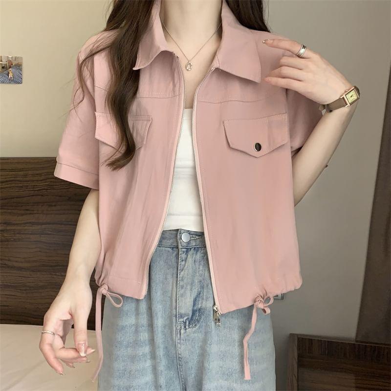 Short-Sleeve Pocketed Zip-Up Plain Crop Shirt Product Image