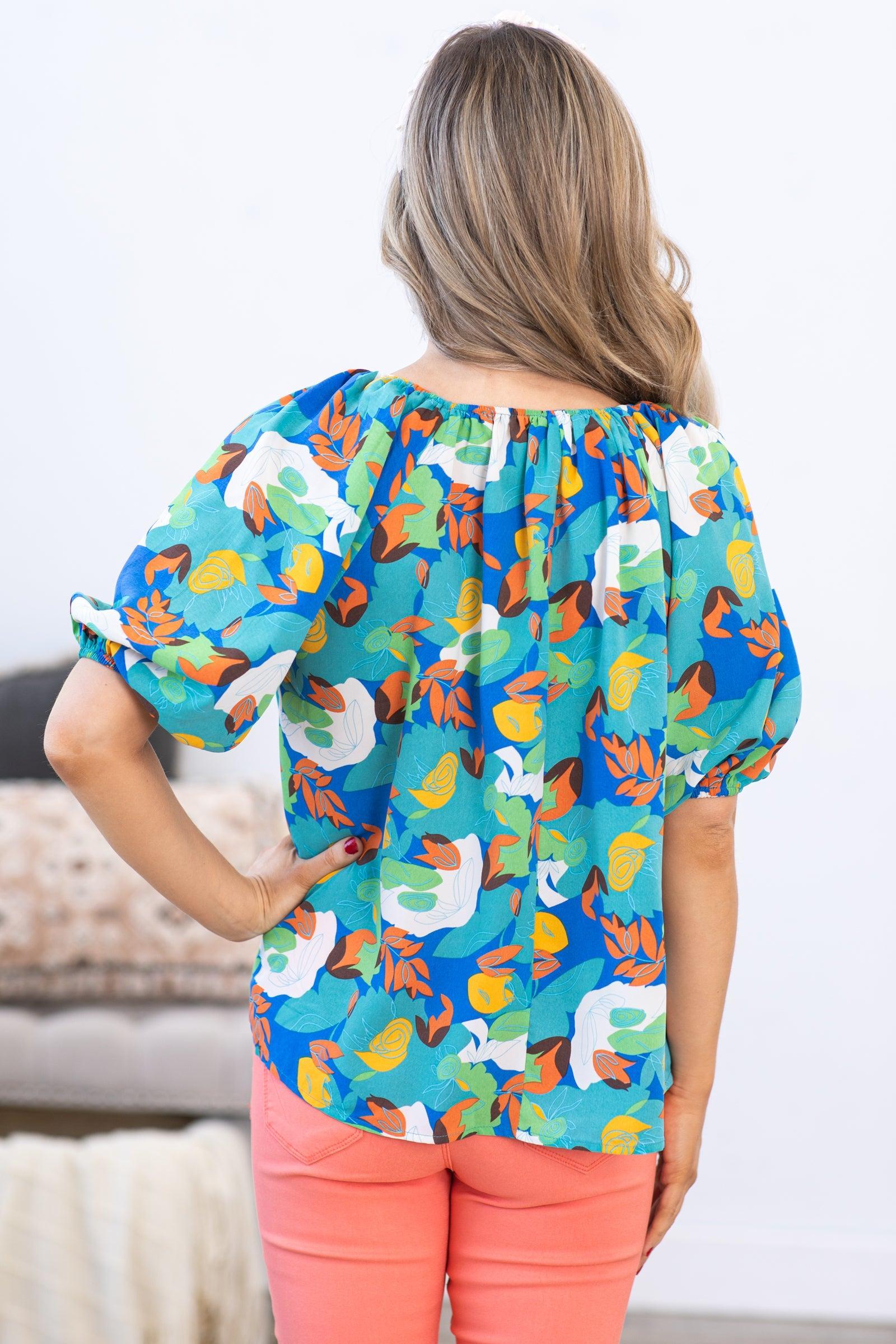 Turquoise Multicolor Abstract Floral Top Product Image