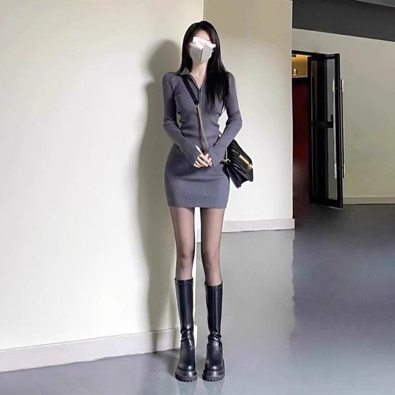 Long-Sleeve Stand Collar Plain Half-Zip Mini Sheath Knit Dress Product Image