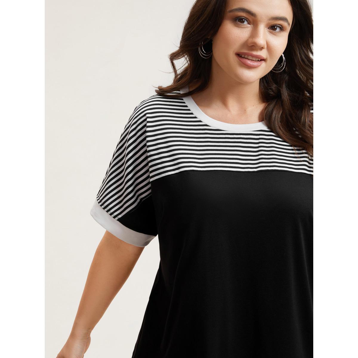 Plus Size Solid and Striped Contrast Hem T-Shirt Black Women Casual Contrast Round Neck Everyday T-shirts BloomChic 12/L Product Image