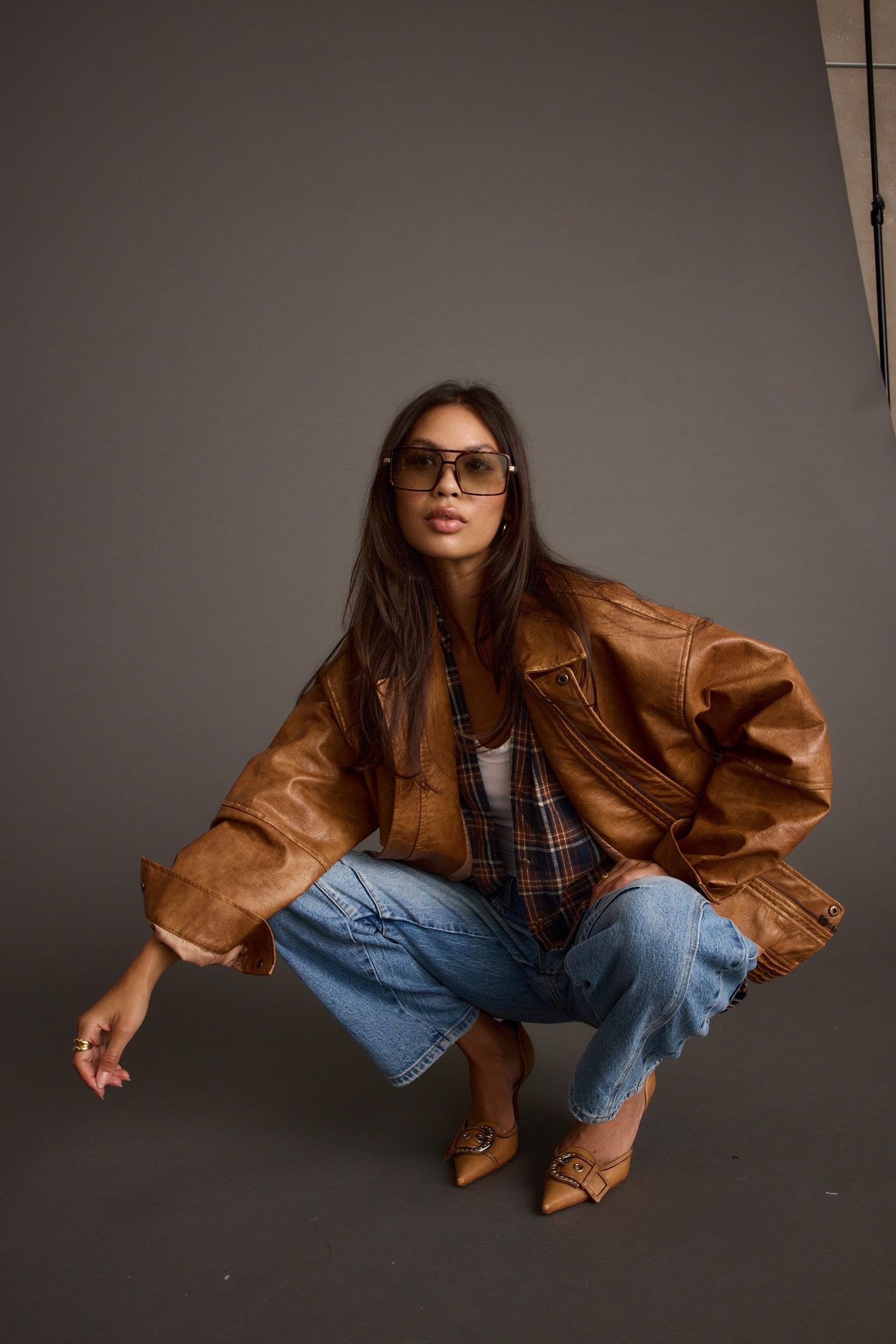 London Calling Cognac Oversized Faux Leather Jacket Product Image