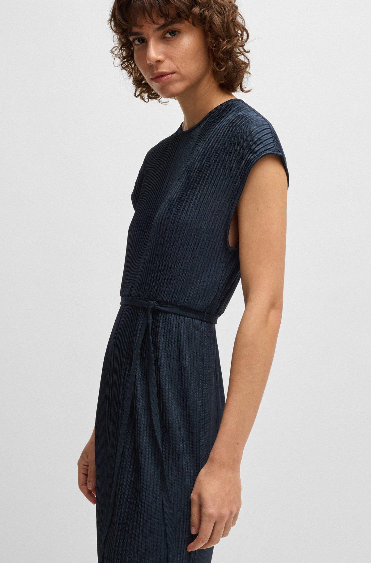 BOSS - Belted sleeveless dress in high-shine plissé - Dark Blue Product Image