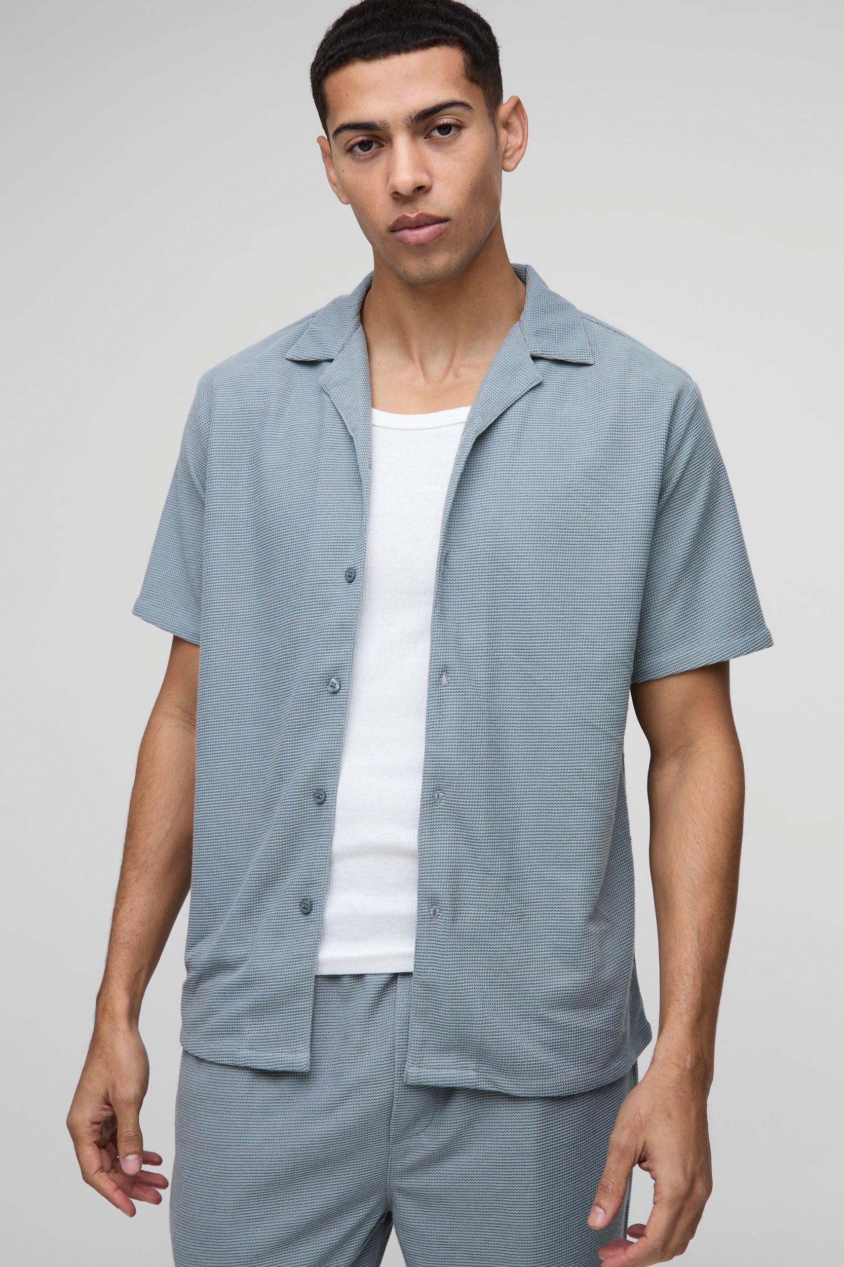 Regular Fit Honeycomb Waffle Revere Shirt & Pants Set | boohooMAN USA Product Image