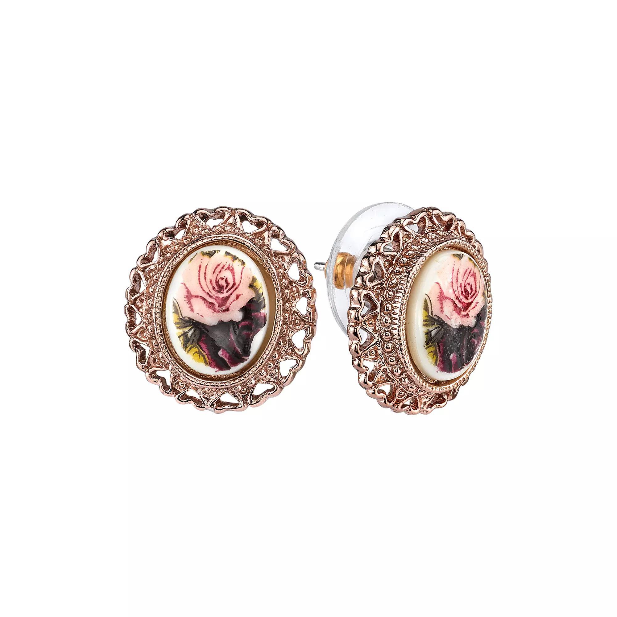 1928 Flower & Heart Button Stud Earrings, Womens, Rose Gold Tone Product Image