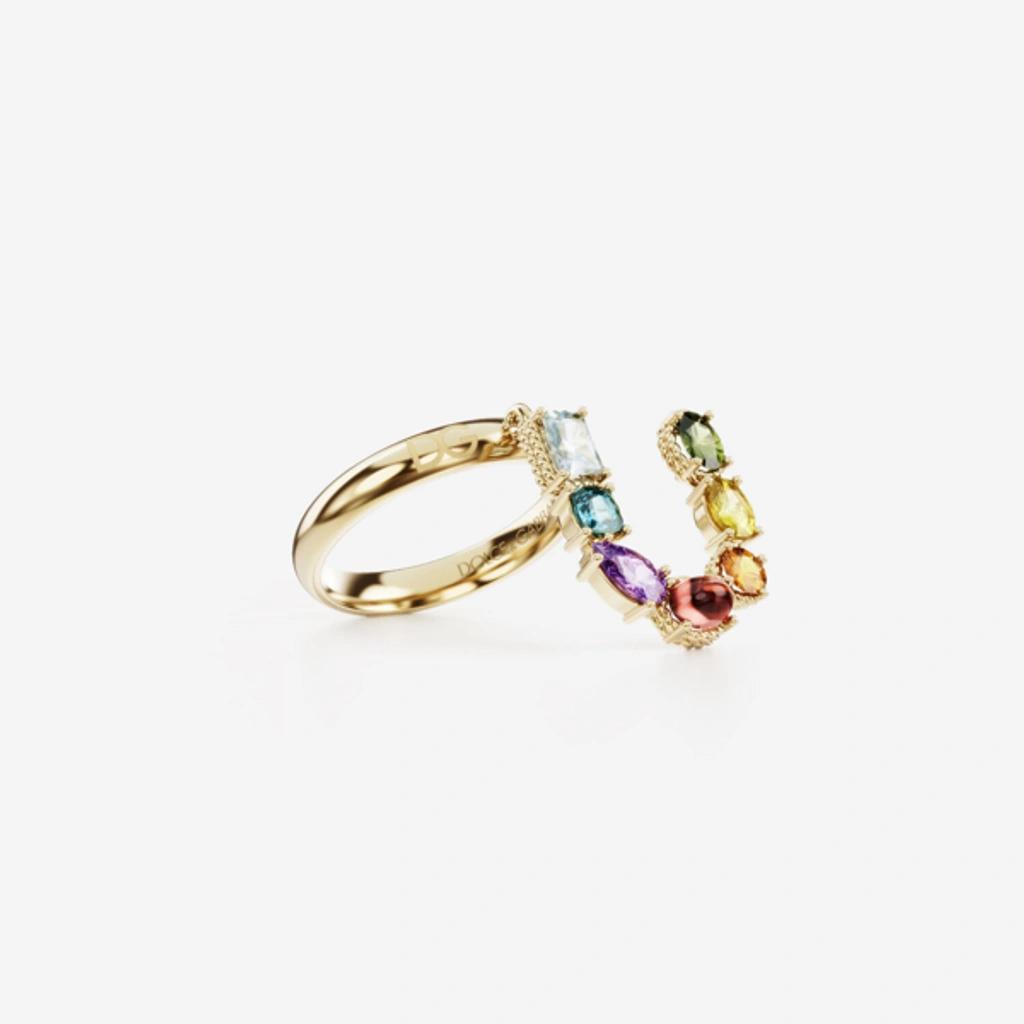 DOLCE & GABBANA Rainbow Alphabet U Ring In Yellow Gold With Multicolor Fine Gems Product Image