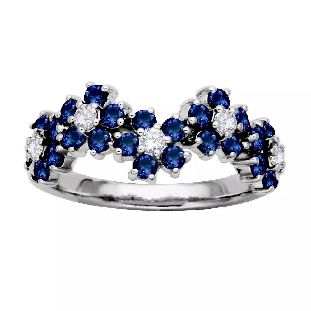Sterling Silver Lab-Created Blue Sapphire & Lab-Created White Sapphire Flower Ring, Women's, Size: 6 Product Image