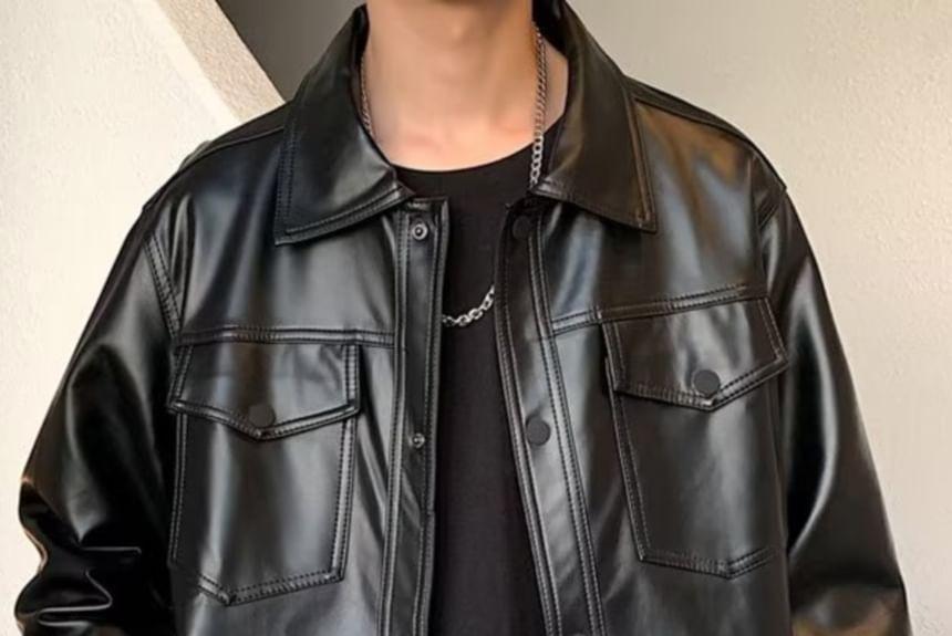 Collar Plain Faux Leather Button Jacket Product Image
