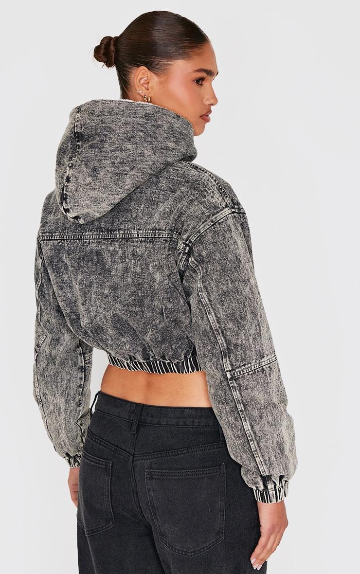 Washed Grey Faux Fur Lined Hood Cropped Denim Jacket Product Image