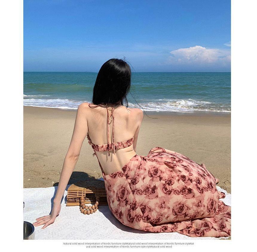 Halter Floral Open Back Slit Maxi A-Line Sundress Product Image