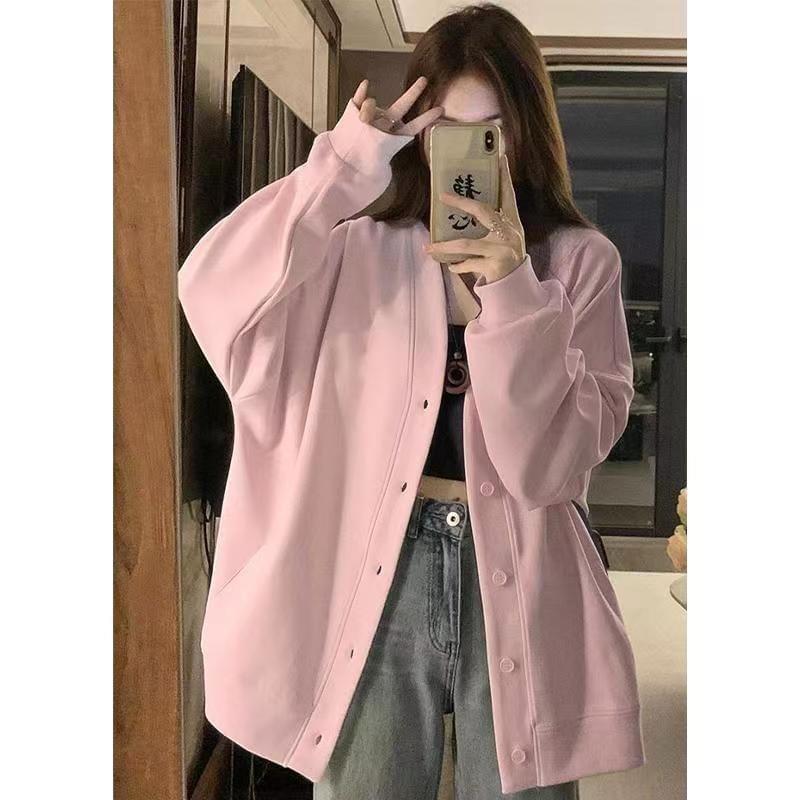 V-Neck Plain Oversized Bomber Jacket Product Image