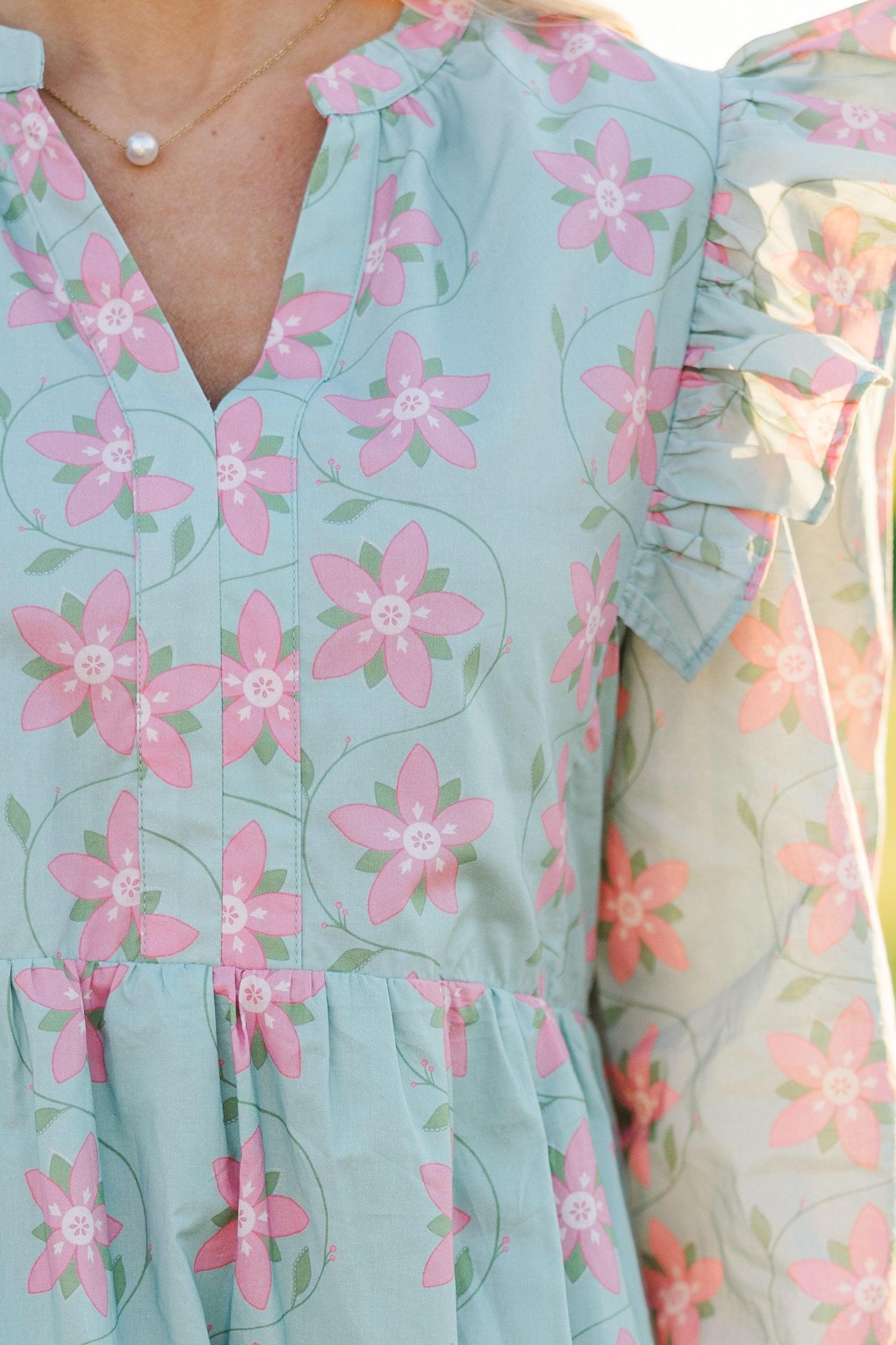 At This Time Light Blue Floral L/S Babydoll Dress Female Product Image