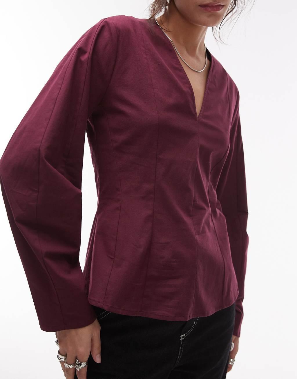 Topshop v neck cotton waisted long sleeve top in burgundy Product Image