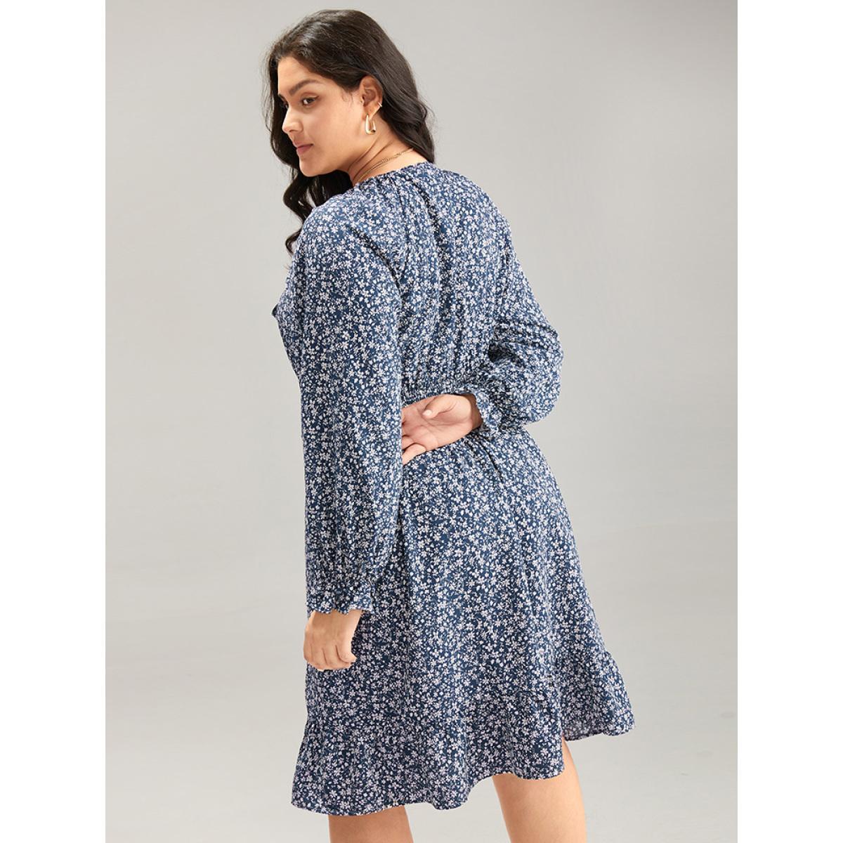 Plus Size Ditsy Floral Flutter Trim Shirred Knot Neck Dress Stone Women Elegant Cross straps Tie Neck Long Sleeve Curvy Knee Dress BloomChic 28/5X Product Image
