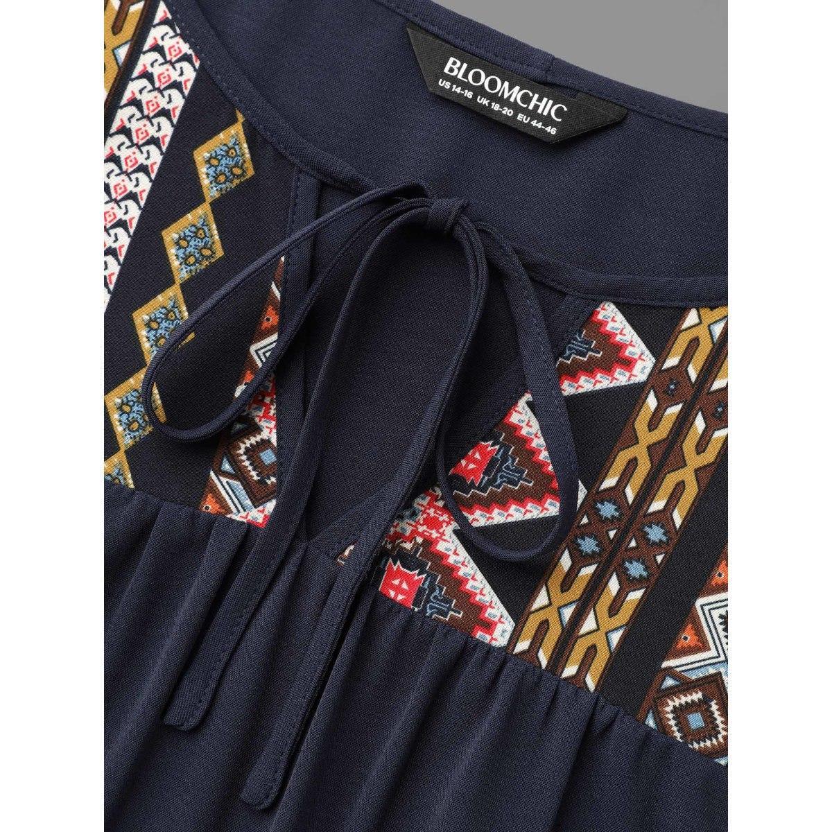 Plus Size Indigo Bandana Print Patchwork Ties Blouse Women Resort Long Sleeve Non Vacation Blouses BloomChic 14-16/1X Product Image