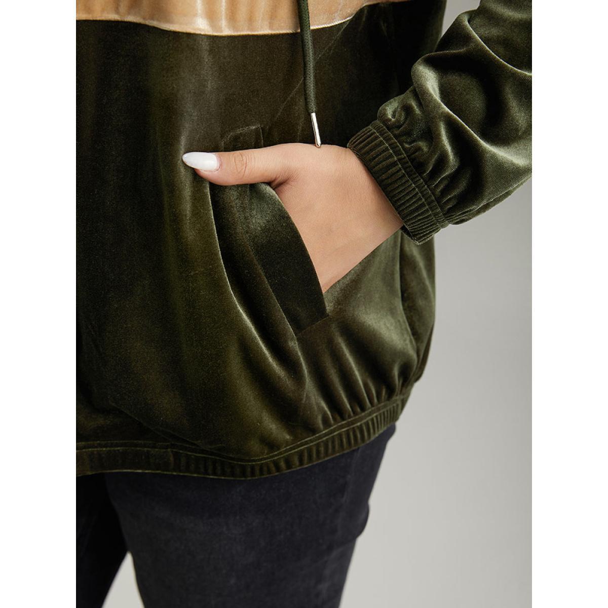 Plus Size Velvet Contrast Hooded Slant Pocket Jacket Women ArmyGreen Velvet Pocket Dailywear Jackets BloomChic 14-16/1X Product Image