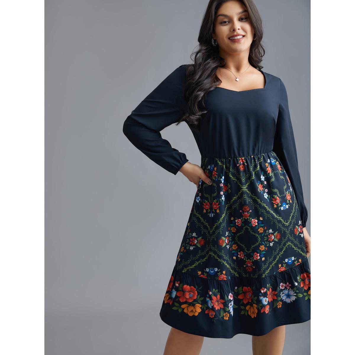 Plus Size Floral Printed Heart neckline Lantern Sleeve Dress DarkBlue Women Elegant Patchwork Heart neckline Long Sleeve Curvy BloomChic 10/M Product Image