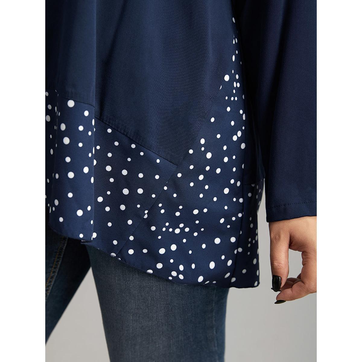 Plus Size Indigo Polka Dot Patchwork Long Sleeve Blouse Women Office Long Sleeve Round Neck Work Blouses BloomChic 14-16/1X Product Image