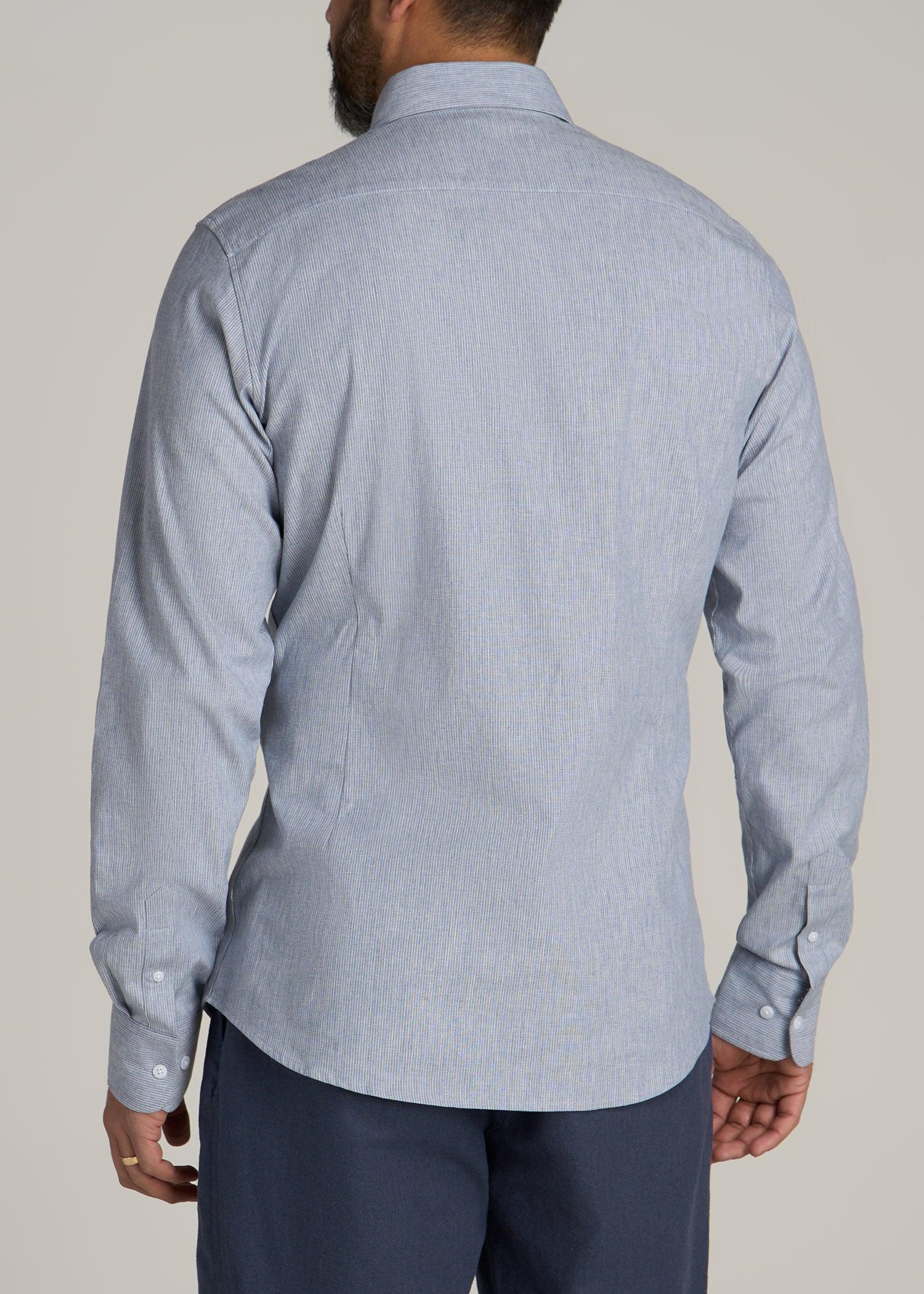 Stretch Linen Dress Shirt for Tall Men in Blue and White Pinstripe Product Image