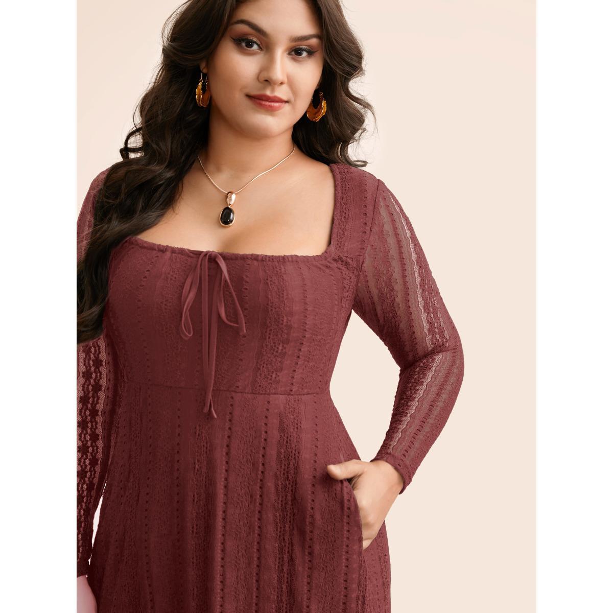 Plus Size Lace Panel Square Neck Tie Knot Dress Burgundy Women Elegant Tie knot Square Neck Long Sleeve Curvy BloomChic 12/L Product Image