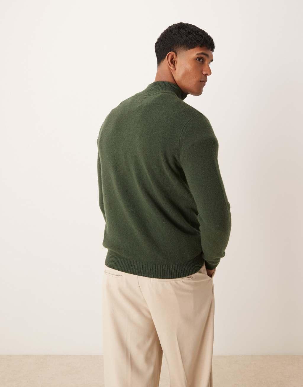 ASOS DESIGN lambswool quarter zip sweater in dark green Product Image