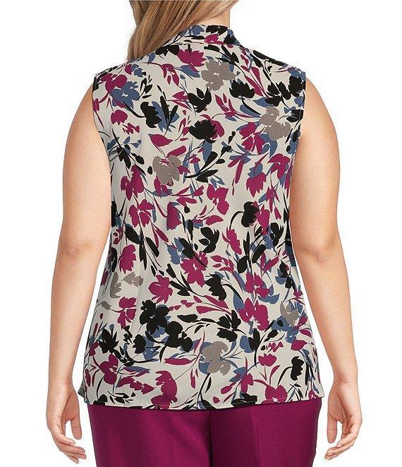Kasper Plus Size Printed V-Neck Sleeveless Tie Front Blouse Product Image