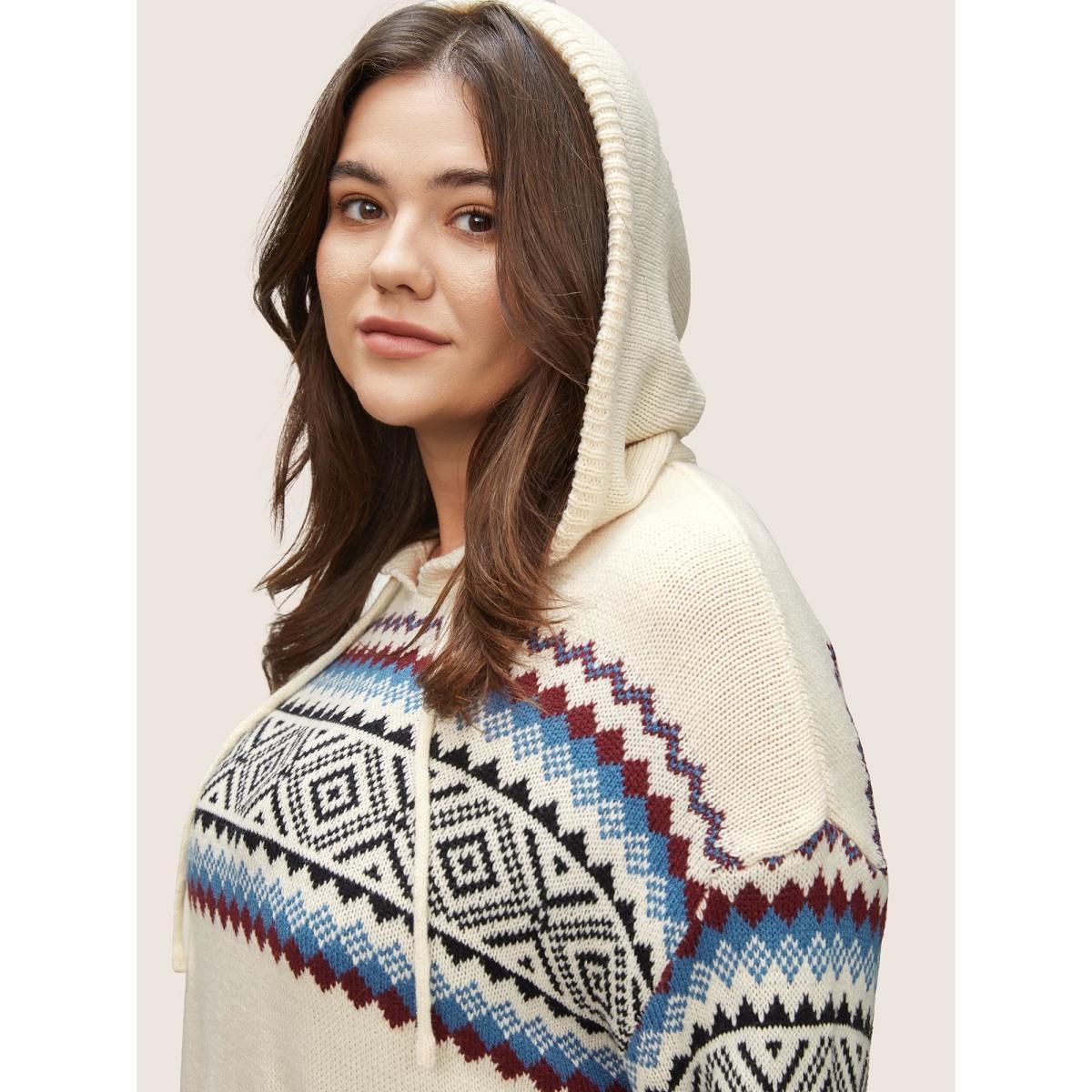 Plus Size Geometric Jacquard Drop Shoulder Drawstring Pullover Ivory Women Casual Loose Long Sleeve Hooded Everyday Pullovers BloomChic 12/L Product Image