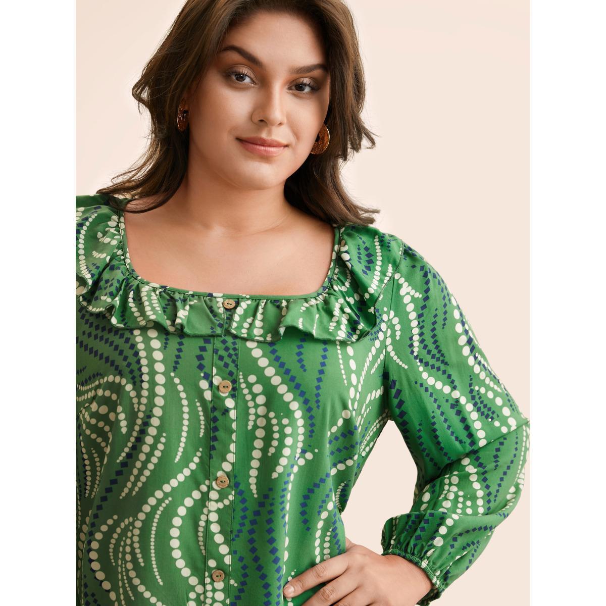 Plus Size Moss Polka Dot Ruffles Button Detail Blouse Women Elegant Long Sleeve Square Neck Everyday Blouses BloomChic 18-20/2X Product Image