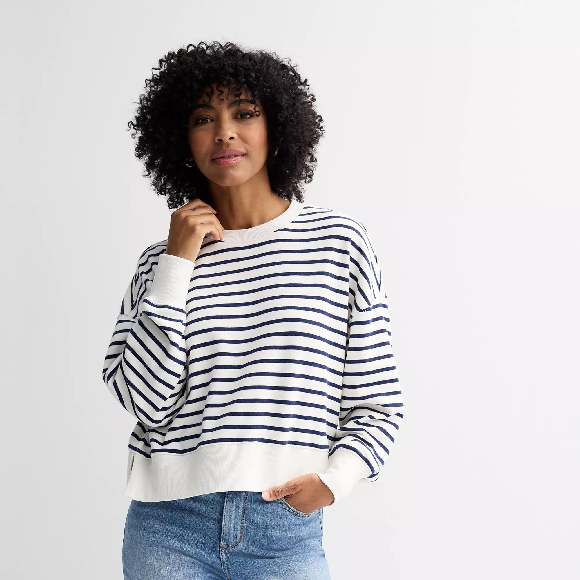 Women's Sonoma Goods For Life® Boxy Crewneck Graphic Sweatshirt, Size: Large, Small Blue Stripe Product Image