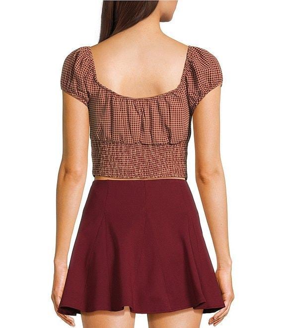 Blu Pepper Plaid Square Neck Tie Front Short Sleeve Crop Top Product Image