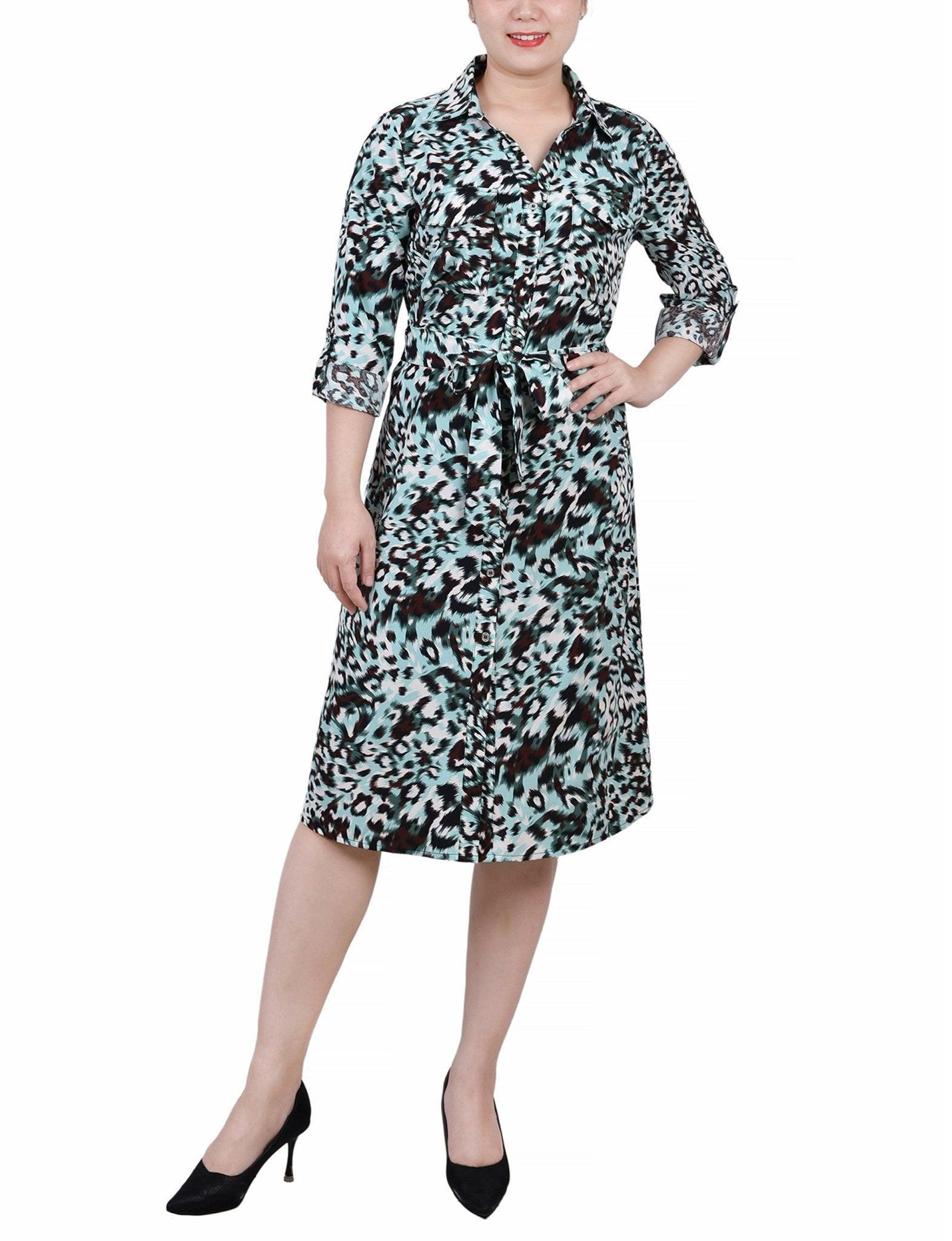 Cypress Inca Gold Navy Zigzag 3/4 Roll Tab Sleeve Belted Shirtdress - Petite Product Image