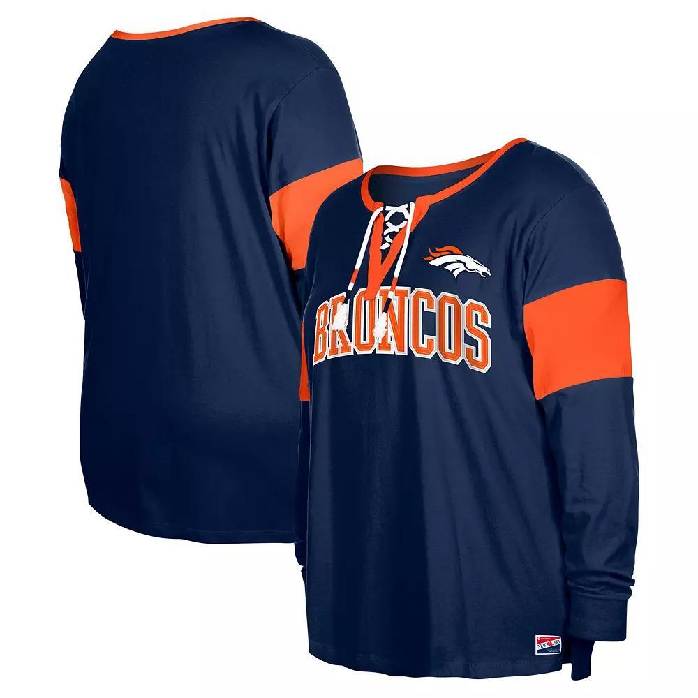 Women's New Era Navy Denver Broncos Plus Size Lace-Up Notch Neck Long Sleeve T-Shirt, Size: 3XL, Blue Product Image
