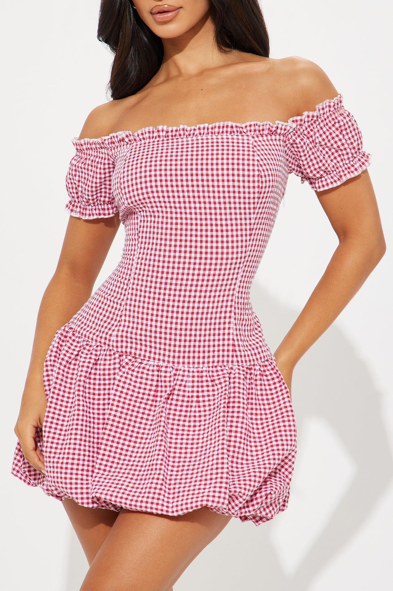 Maggie Gingham Bubble Micro Mini Dress - Red/White Product Image