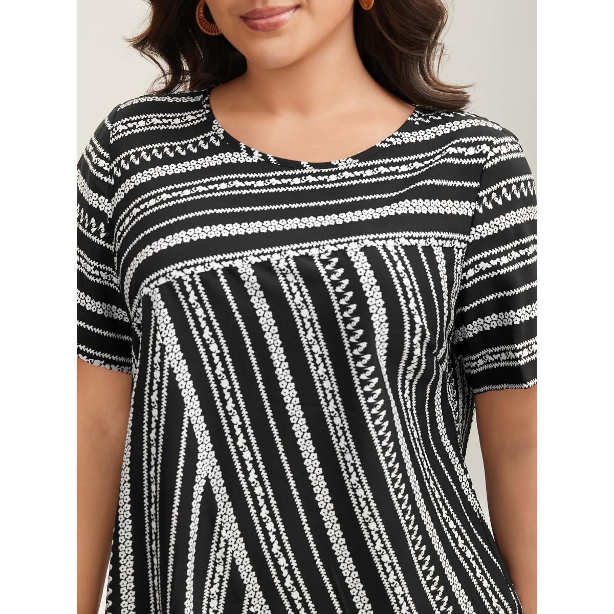 Plus Size Black Striped Overlap Print Curvy Hem Blouse Women Resort Short sleeve Round Neck Vacation Blouses BloomChic 18-20/2X Product Image