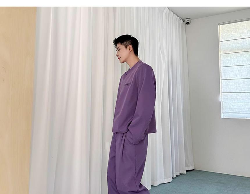 Set: Round Neck Plain Concealed Button Blazer + Mid Rise Straight Leg Dress Pants Product Image