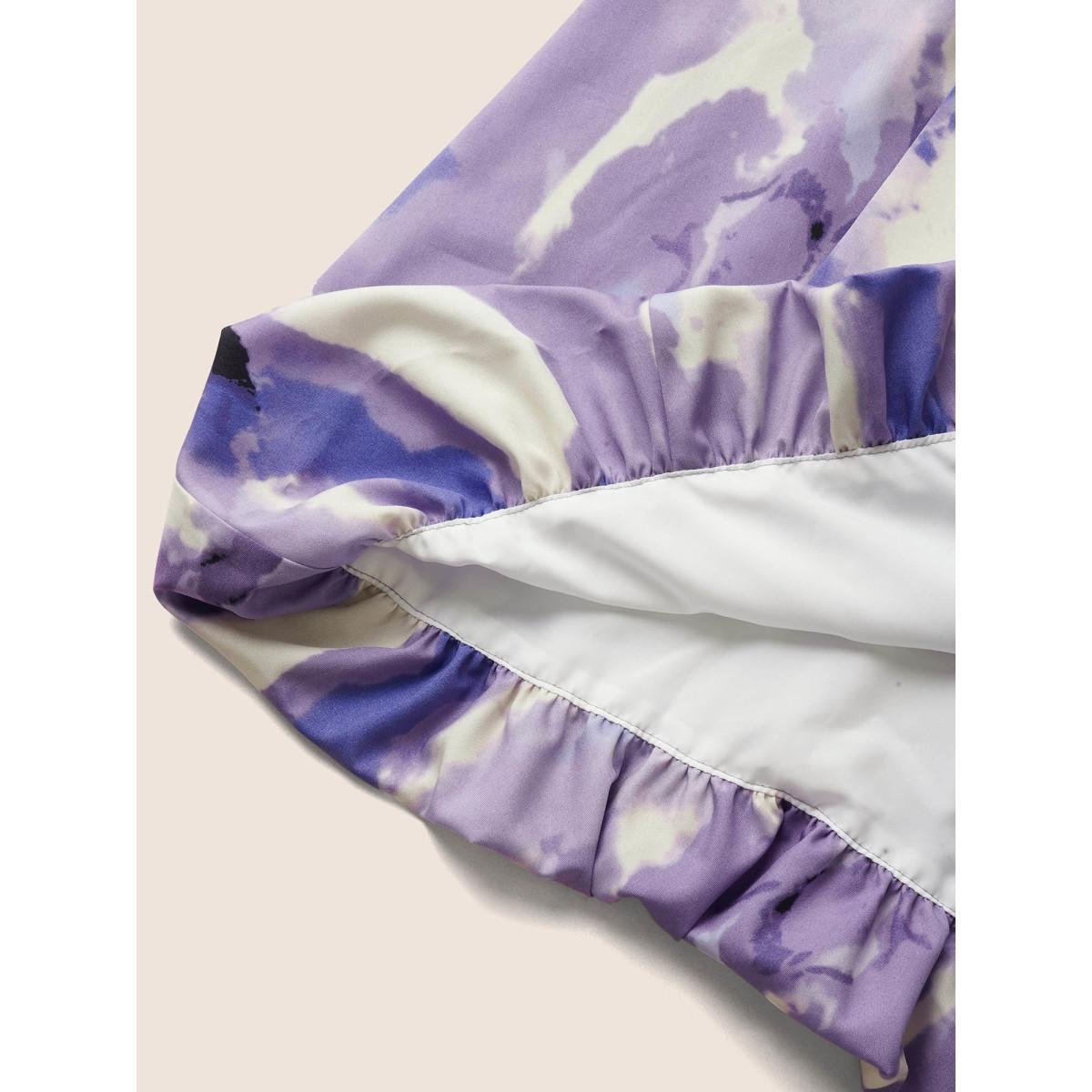Plus Size Watercolor Floral Bubble Hem Pockets Dress DarkViolet Women Elegant Gathered Heart neckline Cap Sleeve Curvy BloomChic 14-16/1X Product Image