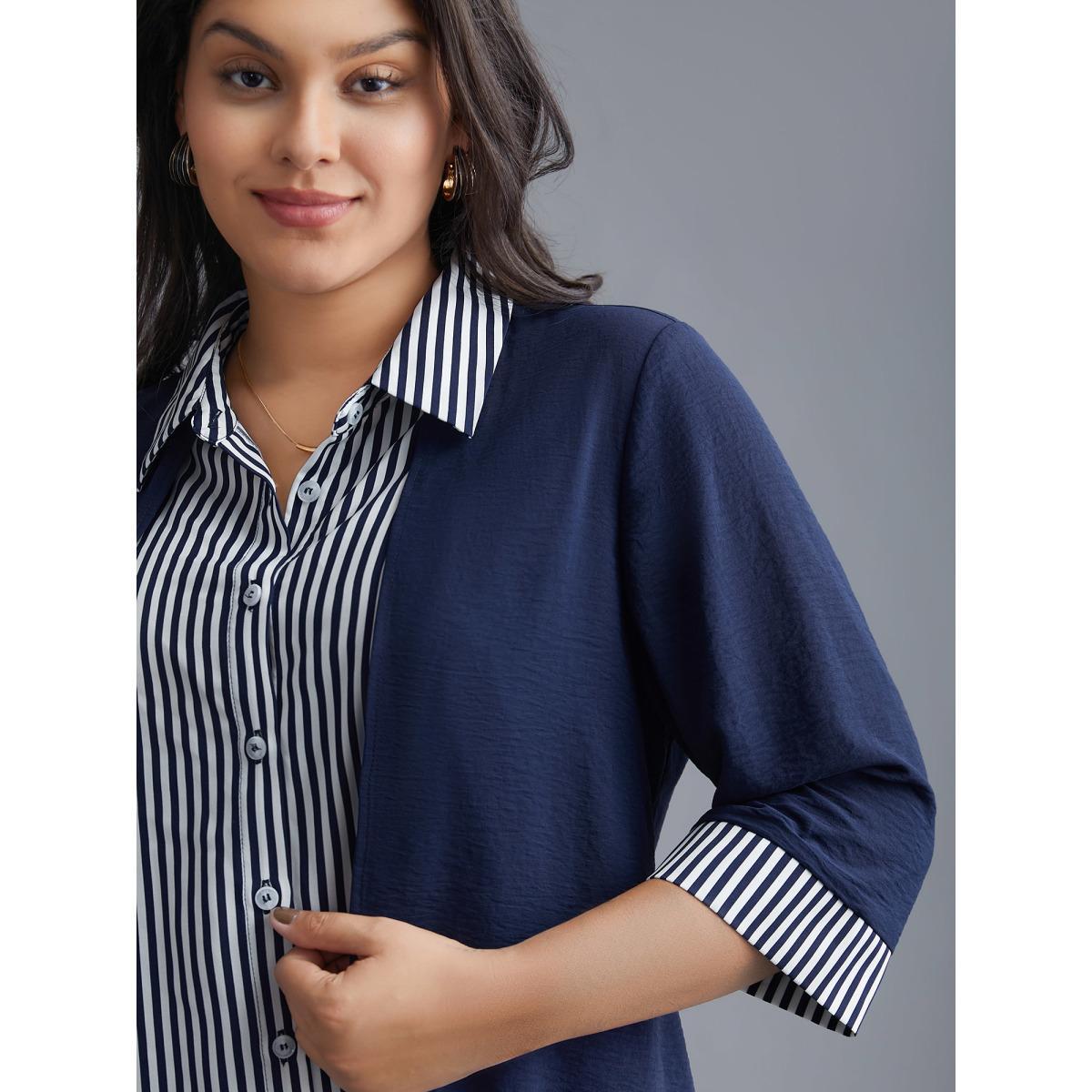 Plus Size Indigo Shirt Collar Patchwork Striped Blouse Women At the Office Extra Long Sleeve Square Neck Work Blouses BloomChic 26/4X Product Image