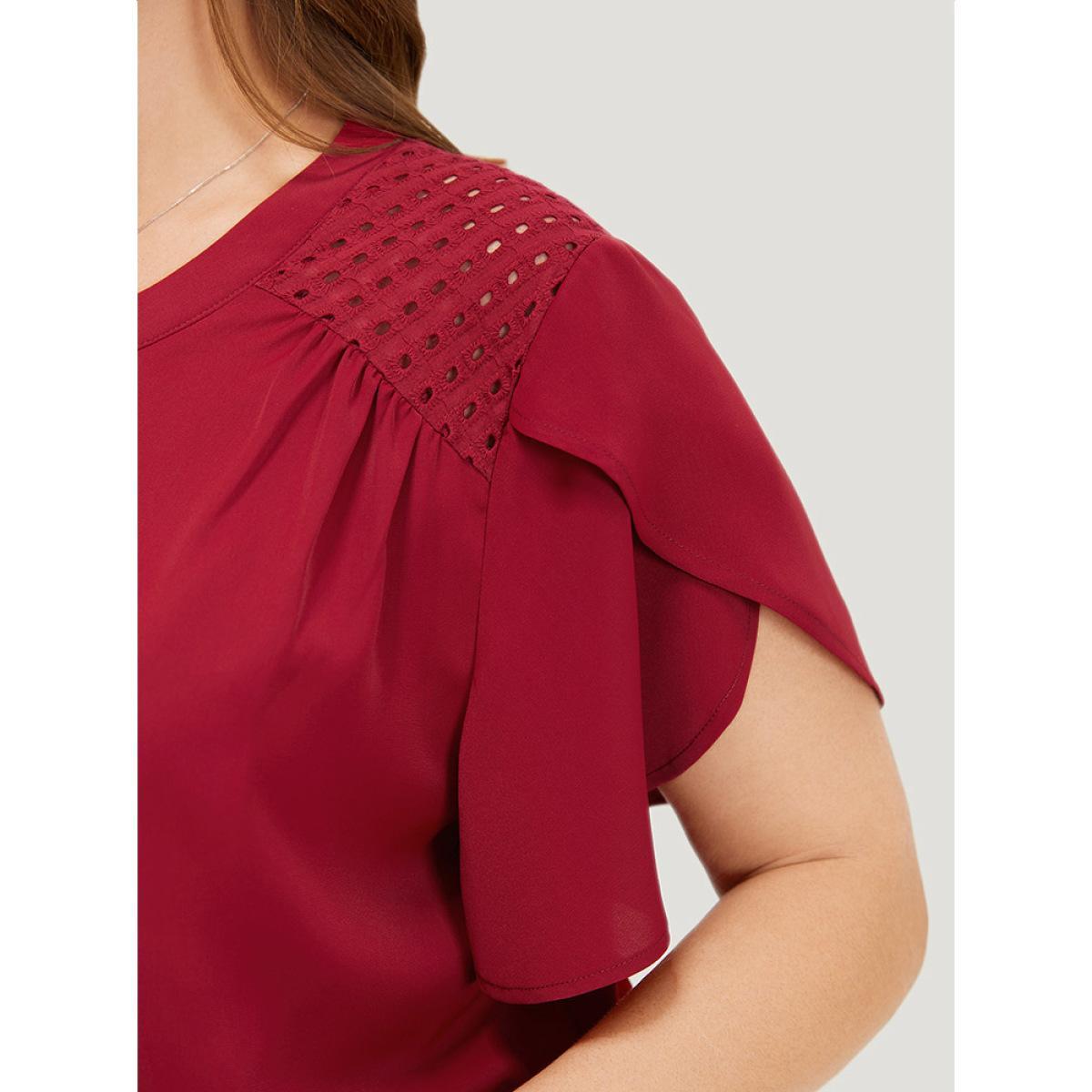 Plus Size Burgundy Plain Patchwork Cut Out Petal Sleeve Blouse Women Office Short sleeve Round Neck Work Blouses BloomChic 28/5X Product Image