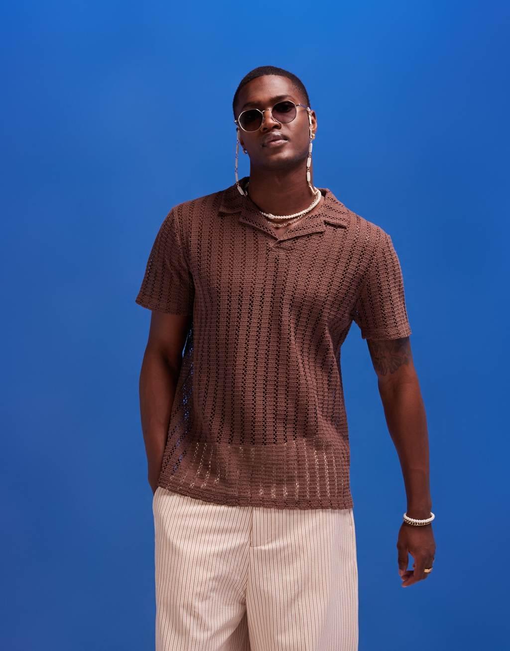 ASOS DESIGN polo shirt in brown crochet fabric Product Image