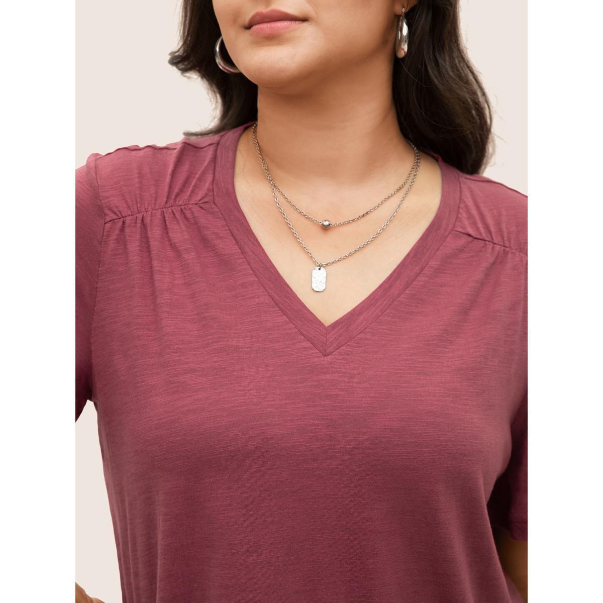 Plus Size Plain Ruffle Sleeve Heather V Neck T-shirt Burgundy Women Casual Plain V-neck Everyday T-shirts BloomChic 28/5X Product Image
