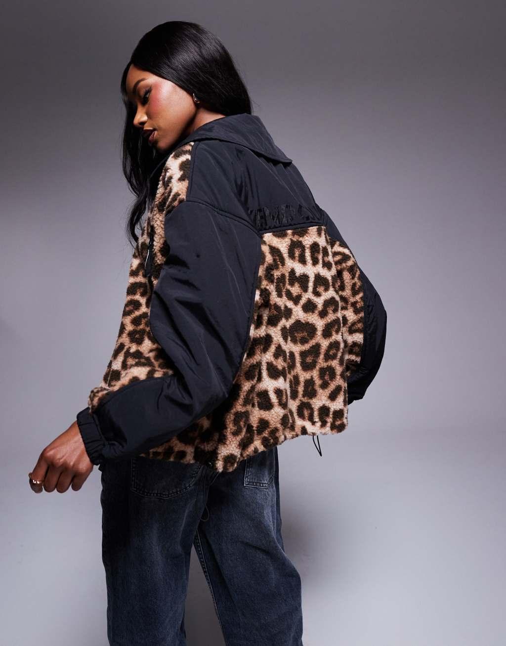 Weekend Collective borg nylon zip up in black leopard mix Product Image