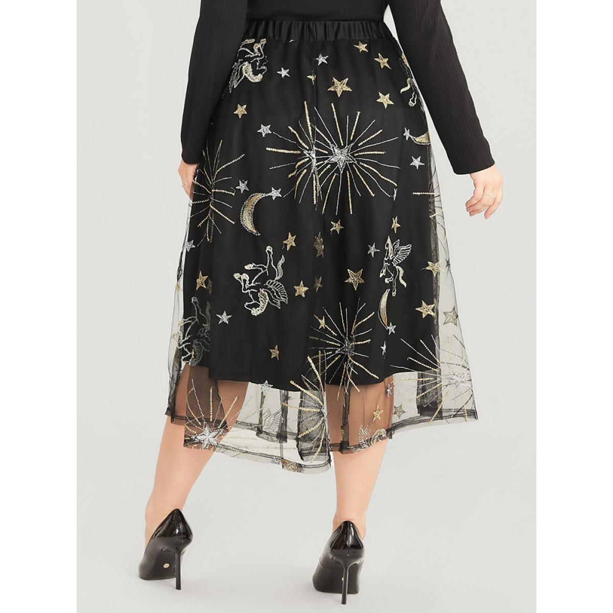 Plus Size Moon And Star Embroidered Mesh Elastic Waist Skirt Women Black Glamour Embroidered No stretch Going out Skirts BloomChic 10/M Product Image