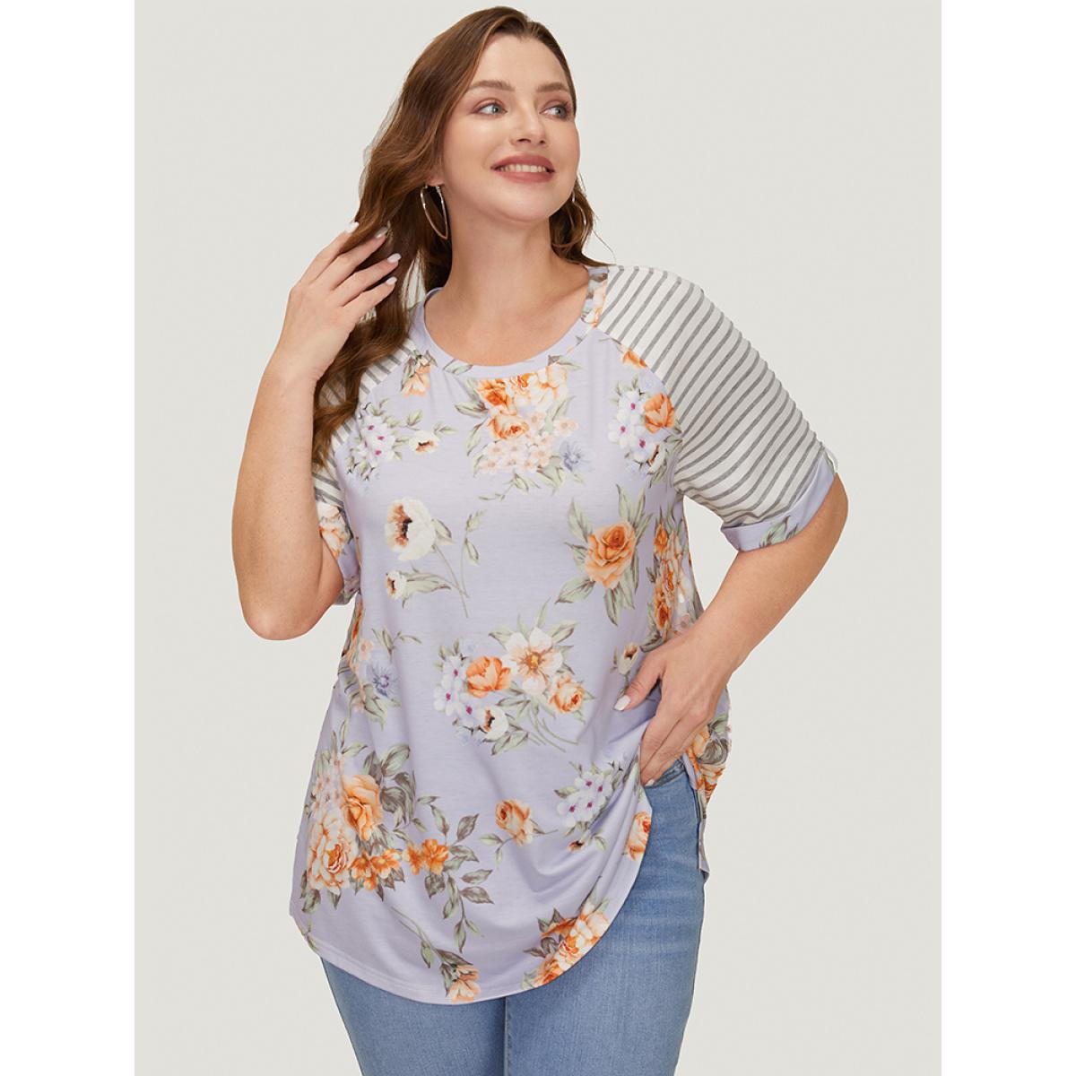 Plus Size Floral & Striped Print Patchwork Roll Raglan Sleeve T-shirt Lavender Women Elegant Patchwork Striped Round Neck Dailywear T-shirts BloomChic 10/M Product Image