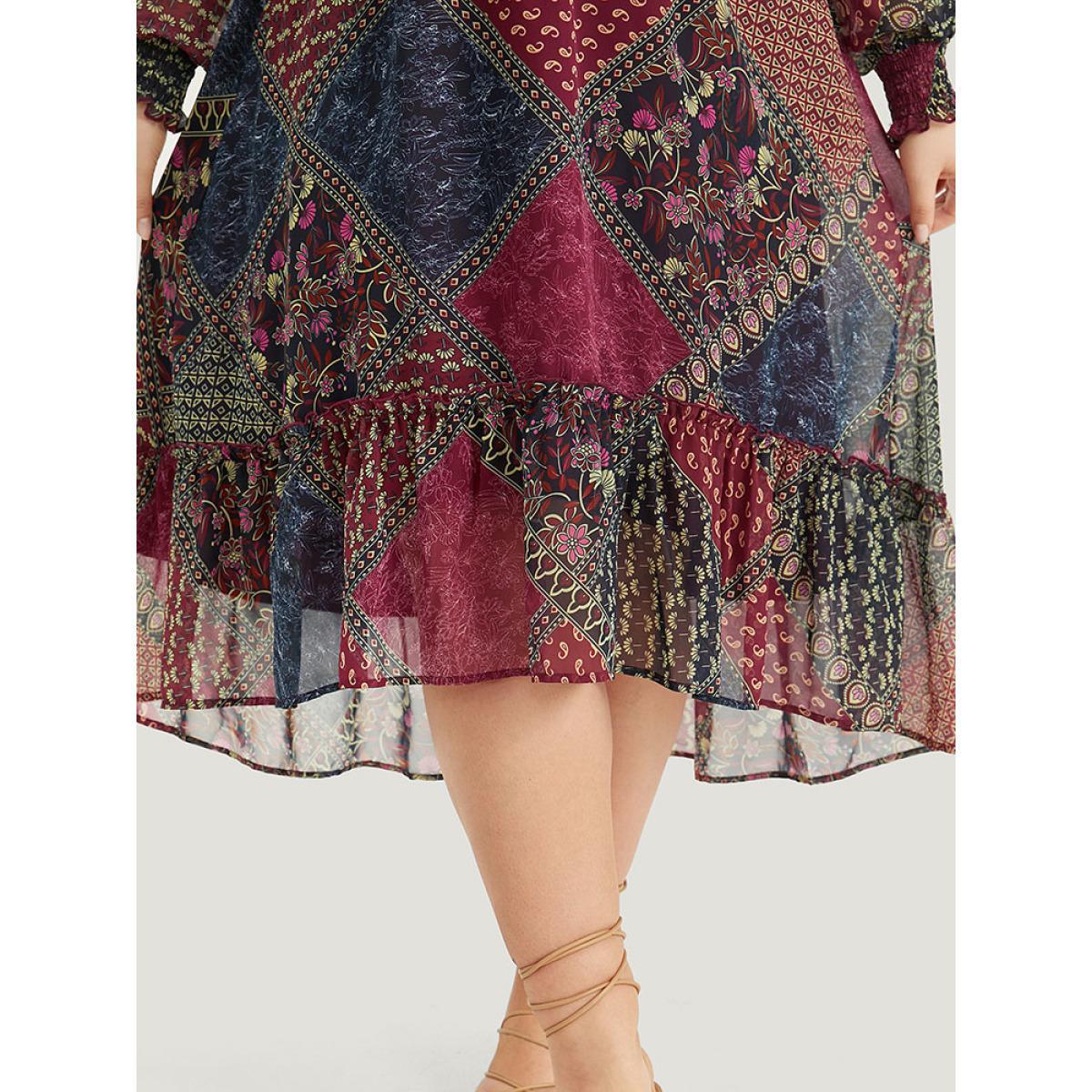 Plus Size Bandana Print Shirred Flutter Hem Dress Multicolor Women Vacation Elastic cuffs V-neck Long Sleeve Curvy Midi Dress BloomChic 26/4X Product Image