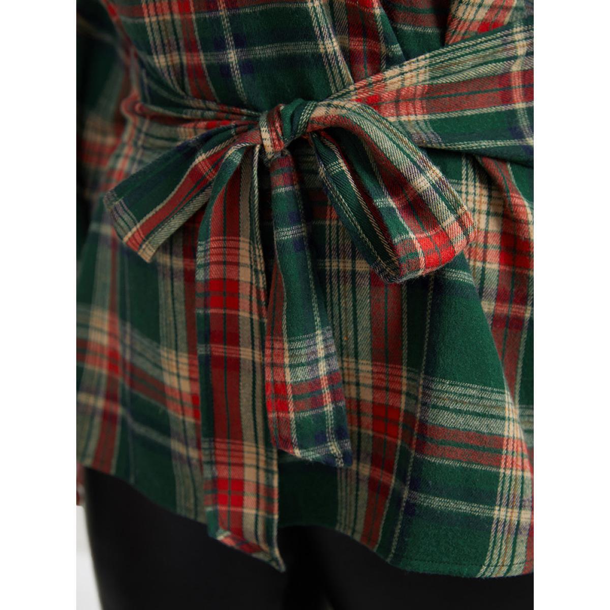 Plus Size DarkGreen Christmas Plaid Ties Lantern Sleeve Blouse Women Elegant Long Sleeve Round Neck Festival-Christmas Blouses BloomChic 26/4X Product Image