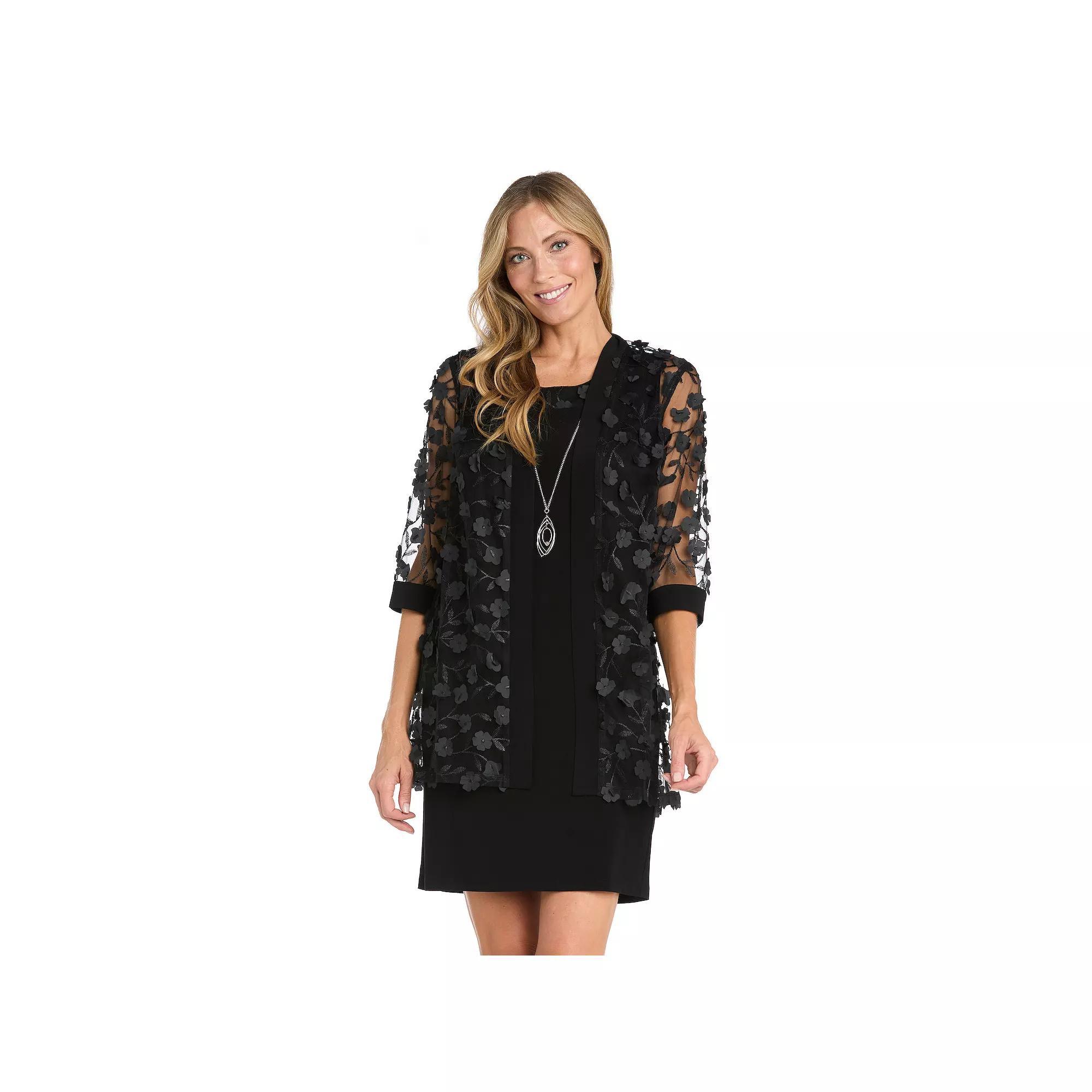 Petite R&M Richards 2-Piece 3D Floral Jacket & Jersey Tank Dress with Detachable Necklace, Women's, Size: 10 Petite, Black Product Image