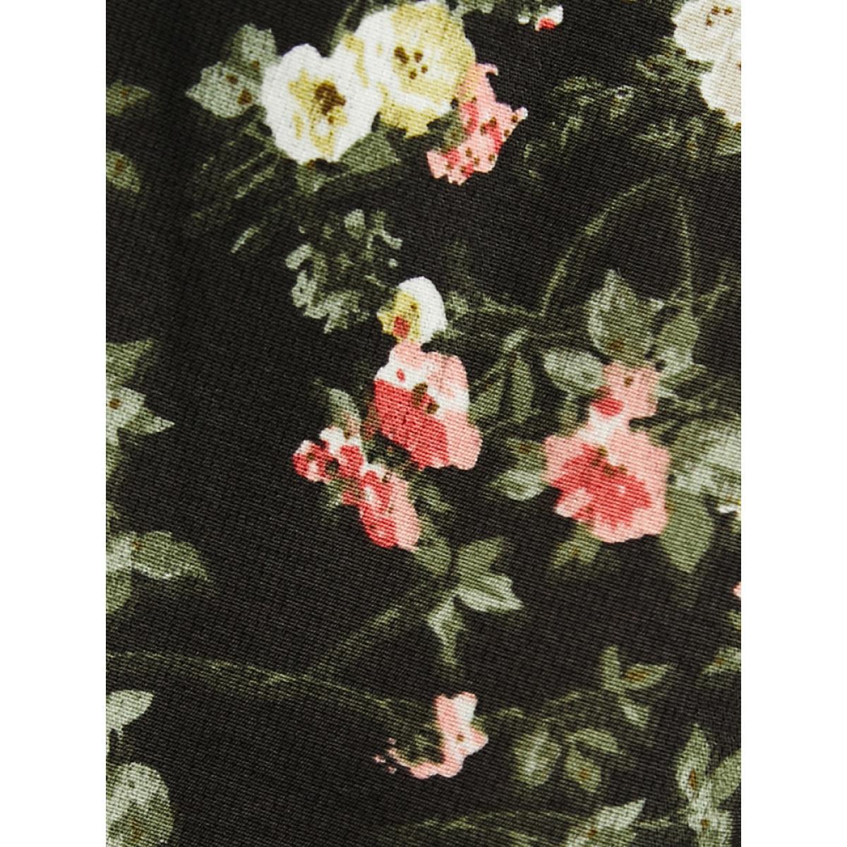 Plus Size Black Floral V Neck Lantern Sleeve Ruffles Blouse Women Elegant Long Sleeve V-neck Dailywear Blouses BloomChic 28/5X Product Image