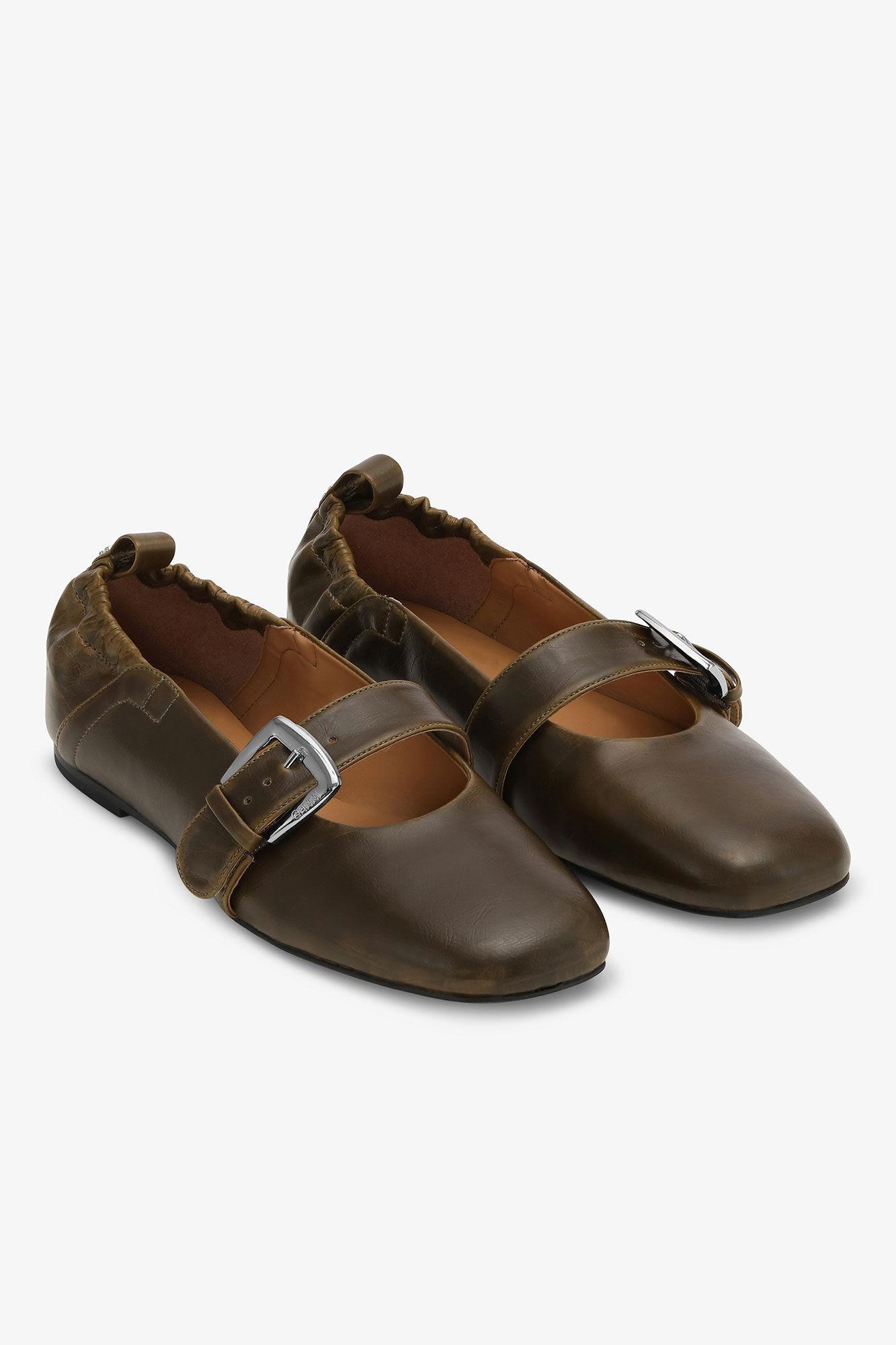 Dark-Olive Buckle Strap Ballerinas Product Image