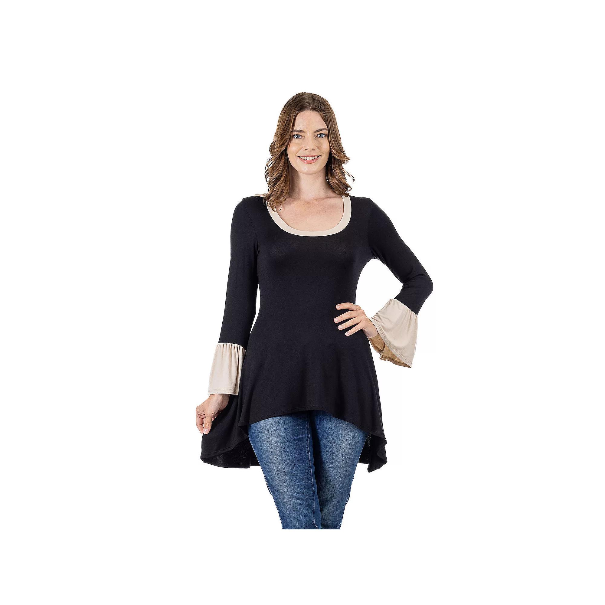 Women's 24Seven Comfort Apparel Bell Sleeve Hi-Low Tunic Top, Size: Large, Black Product Image